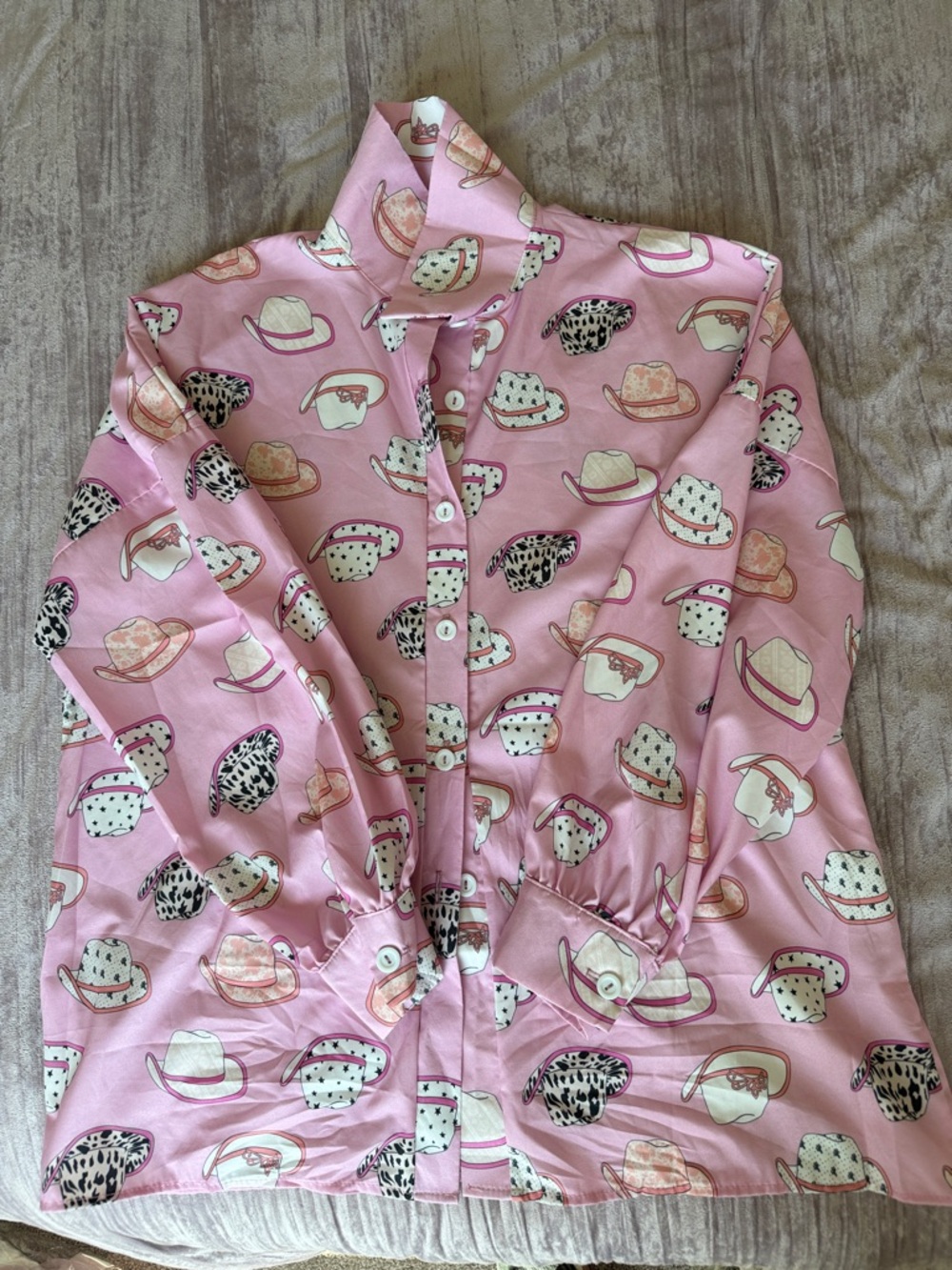 Pink Printed Button-Up Blouse with Hat Motif